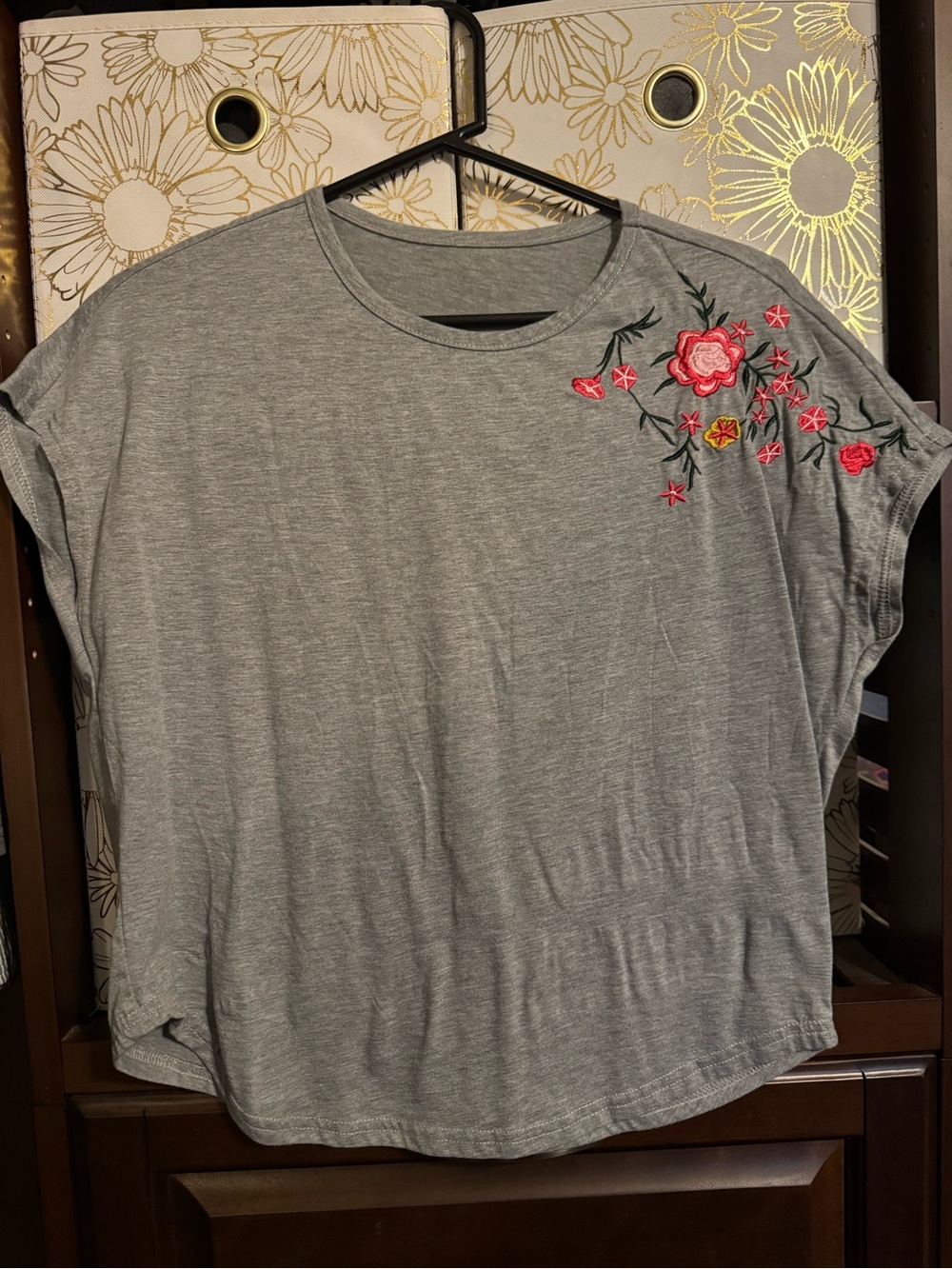 Women's Grey Embroidered Shoulder Tee - Floral Detail